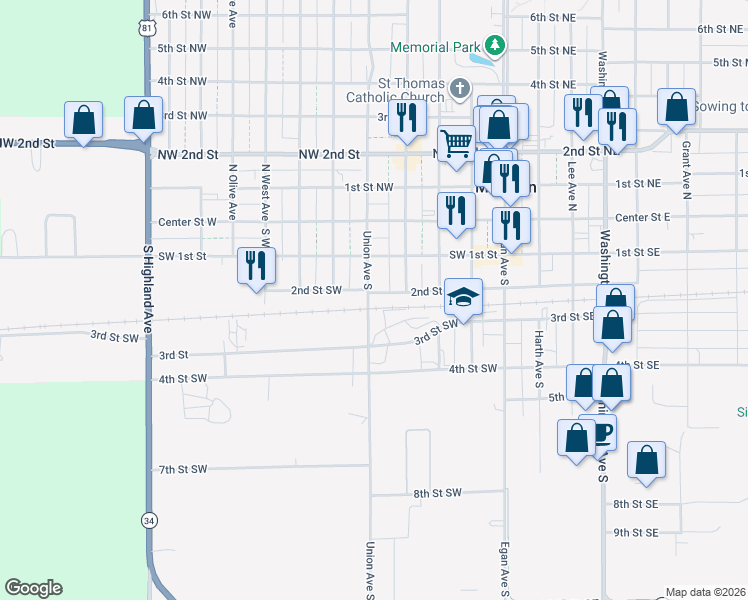 map of restaurants, bars, coffee shops, grocery stores, and more near 445 2nd Street Southwest in Madison