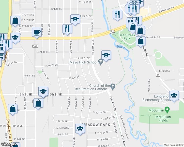 map of restaurants, bars, coffee shops, grocery stores, and more near 1506 10th Avenue Southeast in Rochester