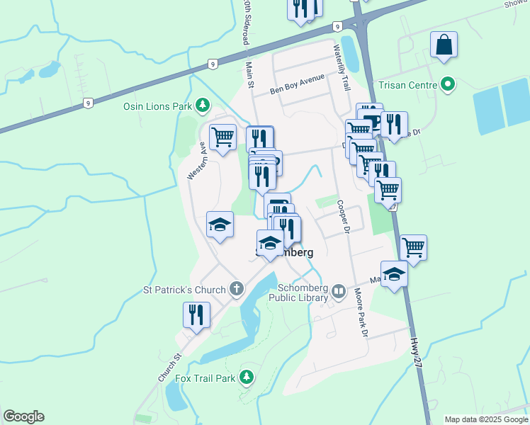map of restaurants, bars, coffee shops, grocery stores, and more near 233 Main Street in Schomberg