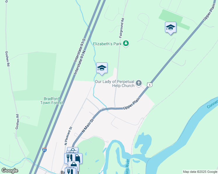 map of restaurants, bars, coffee shops, grocery stores, and more near 143 Fairground Road in Bradford