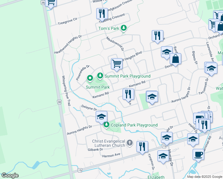 map of restaurants, bars, coffee shops, grocery stores, and more near 168 Kemano Road in Aurora