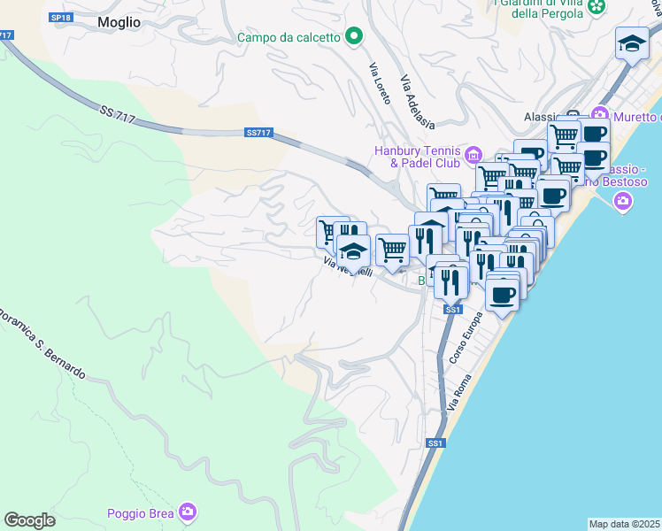 map of restaurants, bars, coffee shops, grocery stores, and more near 121 Via Neghelli in Alassio