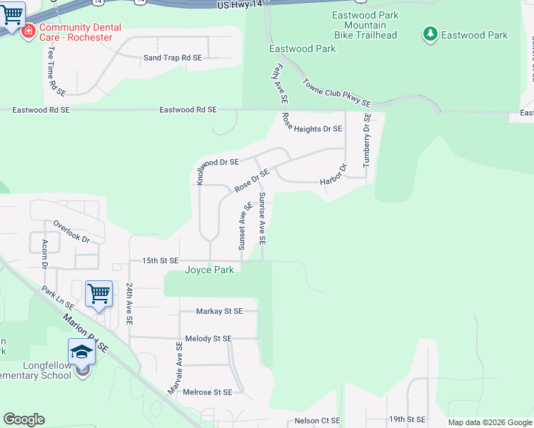 map of restaurants, bars, coffee shops, grocery stores, and more near 1412 Sunrise Drive Southeast in Rochester
