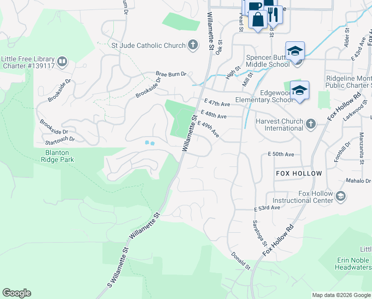 map of restaurants, bars, coffee shops, grocery stores, and more near 4995 Willamette Street in Eugene