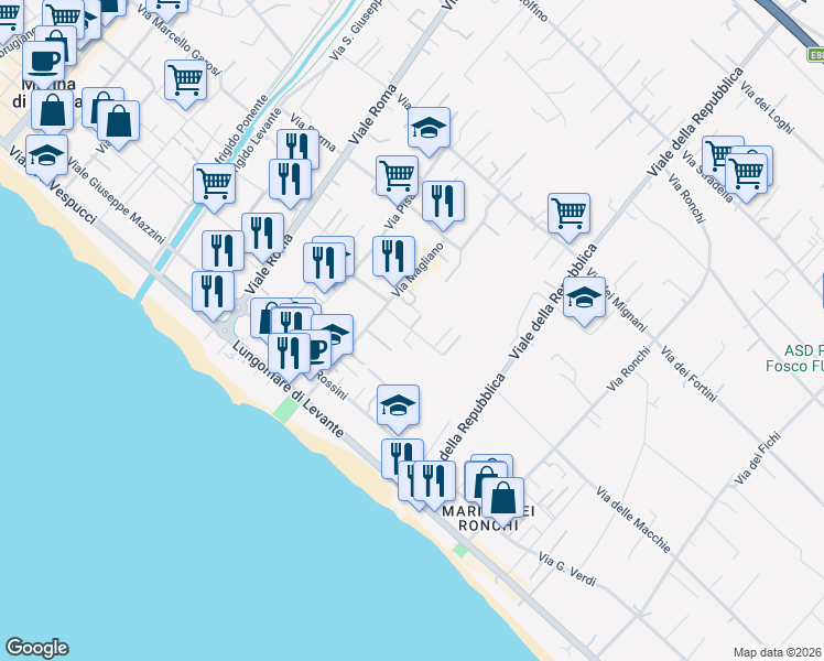 map of restaurants, bars, coffee shops, grocery stores, and more near 6 Via Montecatini in Massa