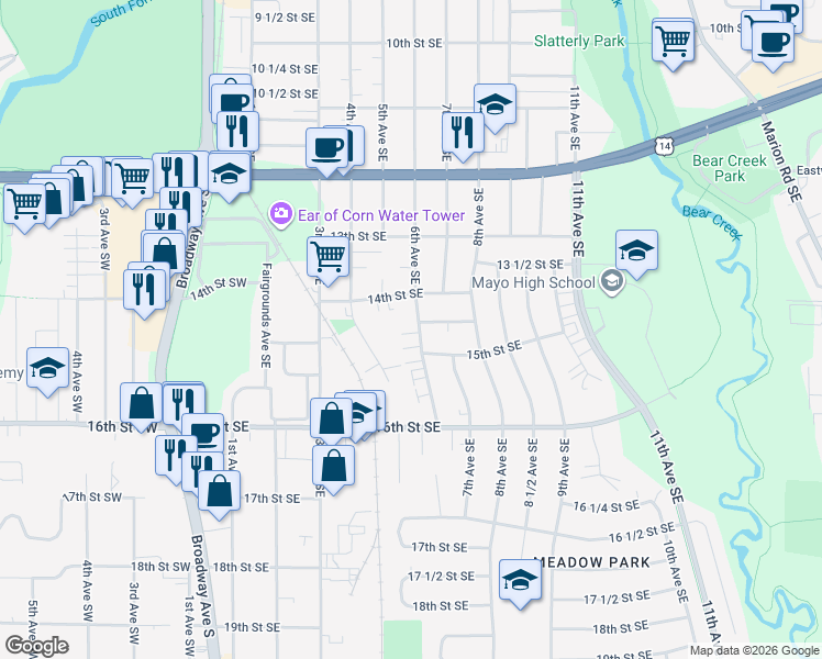 map of restaurants, bars, coffee shops, grocery stores, and more near 1451 6th Avenue Southeast in Rochester