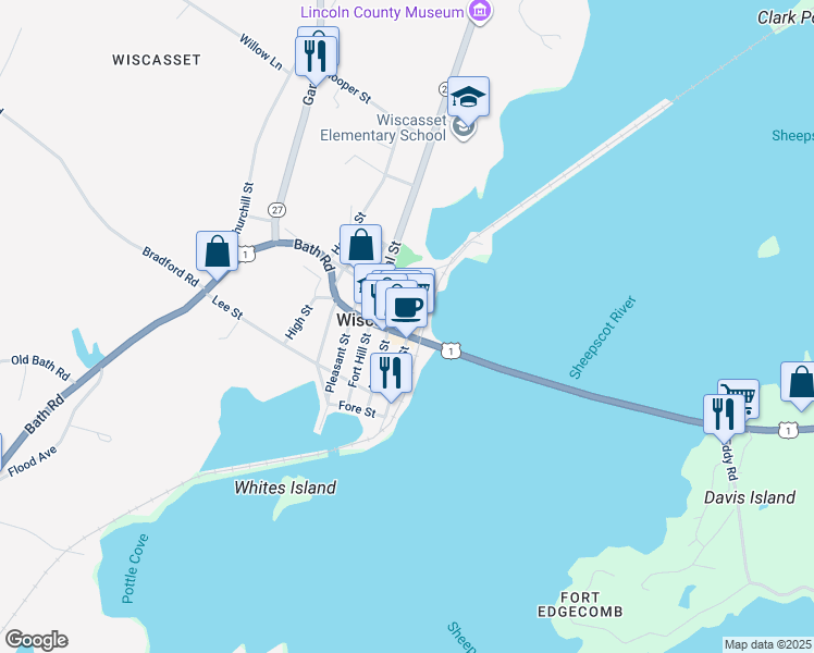 map of restaurants, bars, coffee shops, grocery stores, and more near 55 Main Street in Wiscasset