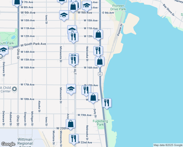 map of restaurants, bars, coffee shops, grocery stores, and more near 1650 Doty Street in Oshkosh