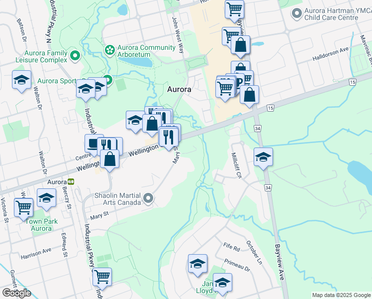 map of restaurants, bars, coffee shops, grocery stores, and more near 119 Mary Street in Aurora