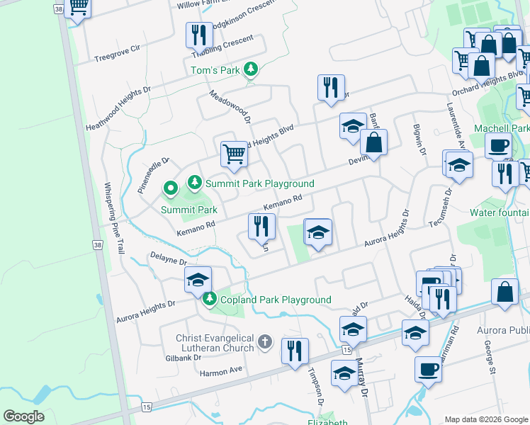 map of restaurants, bars, coffee shops, grocery stores, and more near 119 Kemano Road in Aurora