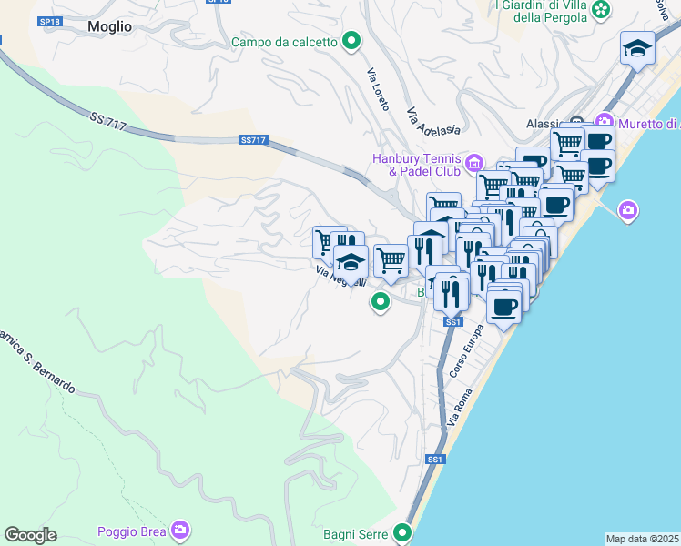 map of restaurants, bars, coffee shops, grocery stores, and more near 121 Via Neghelli in Alassio