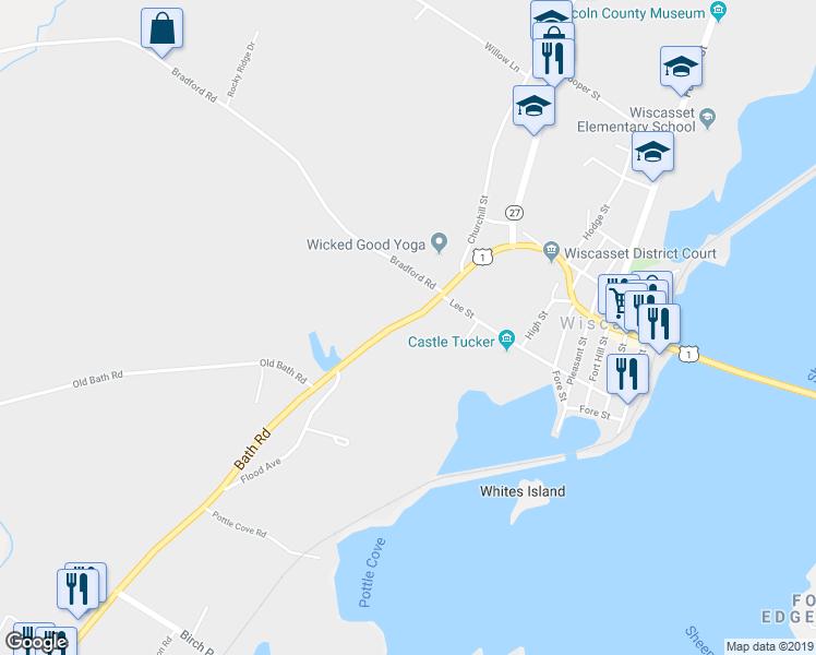 map of restaurants, bars, coffee shops, grocery stores, and more near 96 Bath Road in Wiscasset