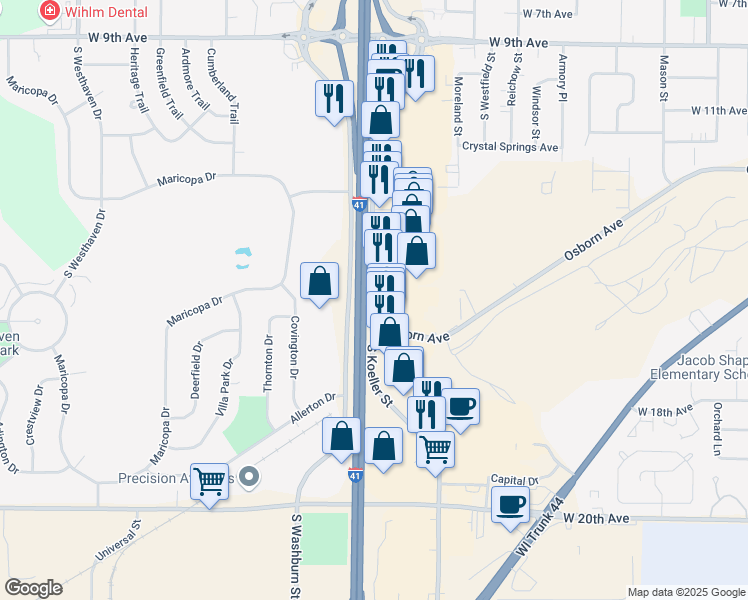 map of restaurants, bars, coffee shops, grocery stores, and more near 1900 South Koeller Street in Oshkosh