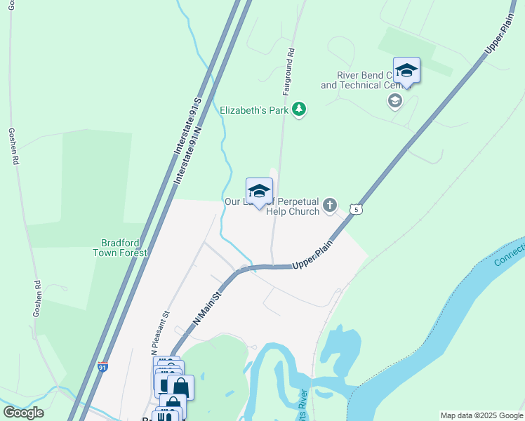 map of restaurants, bars, coffee shops, grocery stores, and more near 143 Fairground Road in Bradford