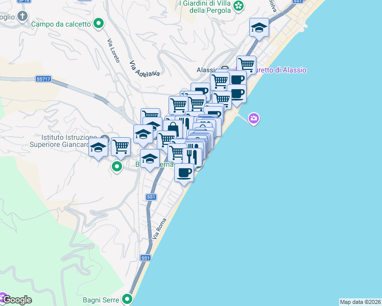 map of restaurants, bars, coffee shops, grocery stores, and more near 37 Via Brennero in Alassio