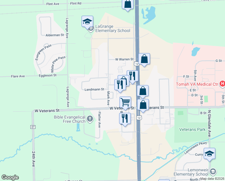 map of restaurants, bars, coffee shops, grocery stores, and more near 1123 Mark Avenue in Tomah