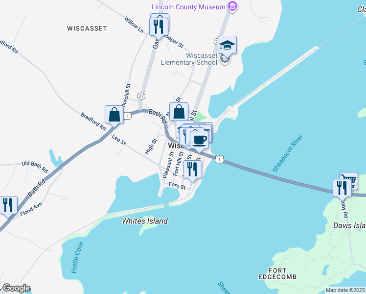 map of restaurants, bars, coffee shops, grocery stores, and more near Federal Street in Wiscasset