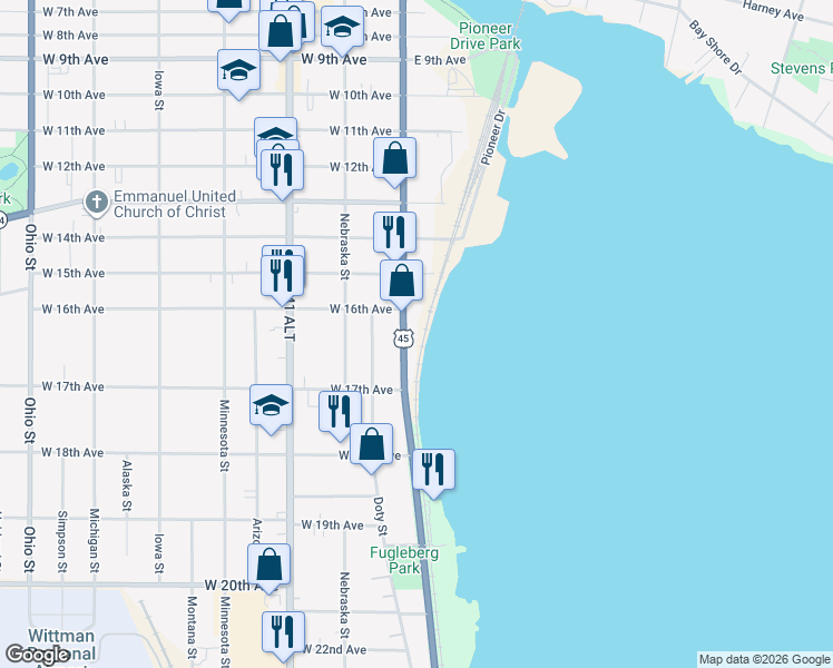map of restaurants, bars, coffee shops, grocery stores, and more near 1600-1698 S Main St in Oshkosh