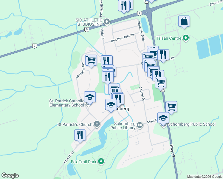 map of restaurants, bars, coffee shops, grocery stores, and more near 284 Main Street in Schomberg