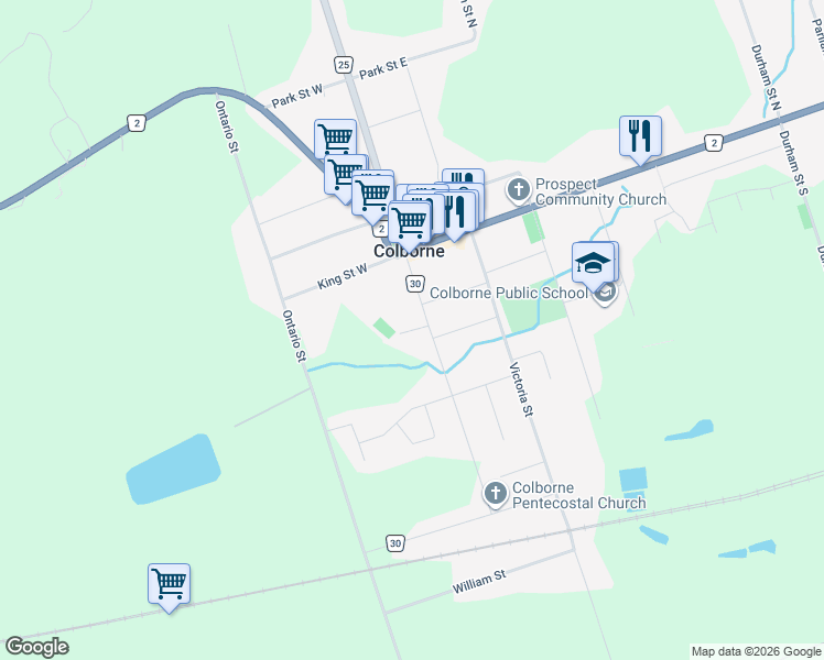 map of restaurants, bars, coffee shops, grocery stores, and more near Rotary Centennial Park Drive in Colborne