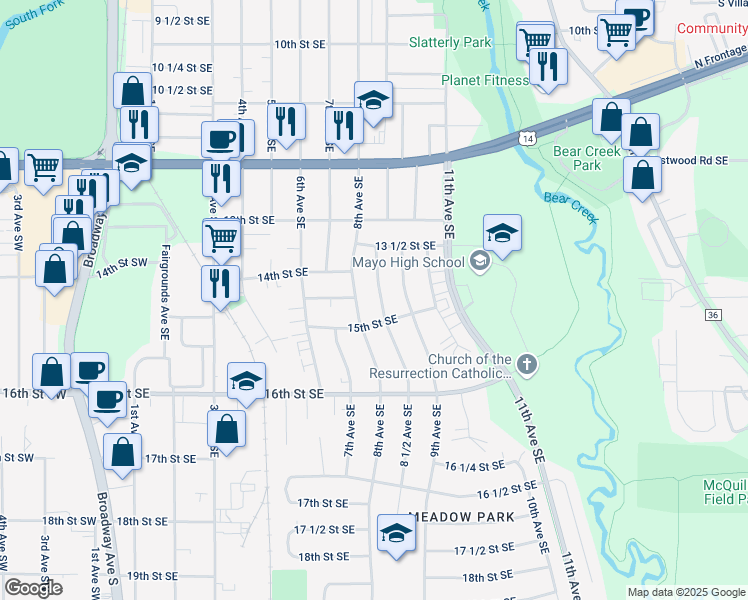 map of restaurants, bars, coffee shops, grocery stores, and more near 1429 8 1/2 Avenue Southeast in Rochester