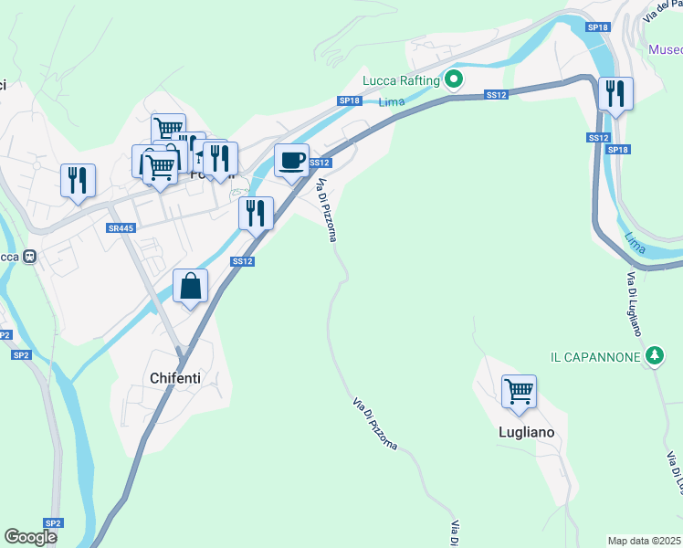 map of restaurants, bars, coffee shops, grocery stores, and more near 12 Via di Pizzorna in Provincia di Lucca