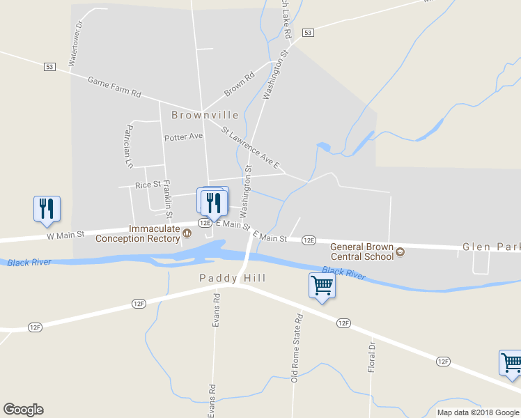 map of restaurants, bars, coffee shops, grocery stores, and more near 112 Washington St in Brownville