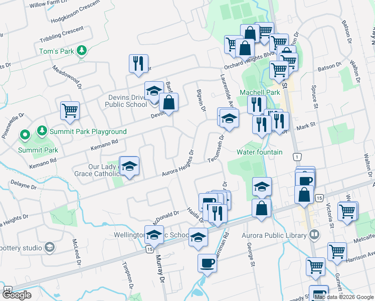 map of restaurants, bars, coffee shops, grocery stores, and more near 40 Aurora Heights Drive in Aurora