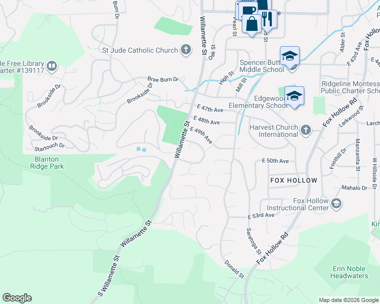 map of restaurants, bars, coffee shops, grocery stores, and more near 200 Coachman Drive in Eugene