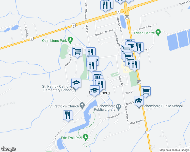 map of restaurants, bars, coffee shops, grocery stores, and more near 233 Main Street in Schomberg