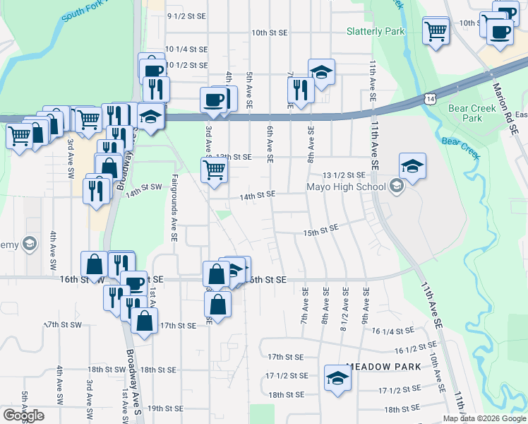 map of restaurants, bars, coffee shops, grocery stores, and more near 1457 6th Avenue Southeast in Rochester