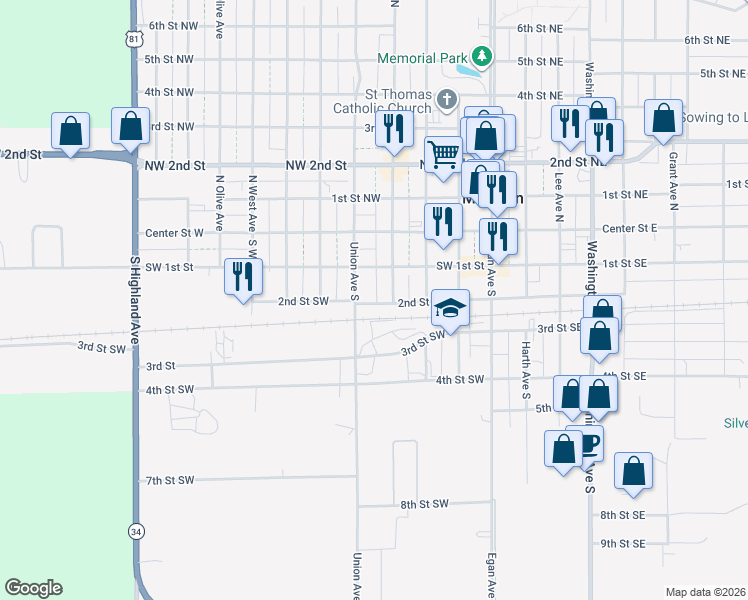 map of restaurants, bars, coffee shops, grocery stores, and more near 445-499 2nd Street Southwest in Madison
