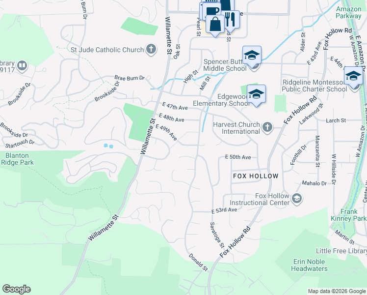 map of restaurants, bars, coffee shops, grocery stores, and more near 290 East 49th Avenue in Eugene