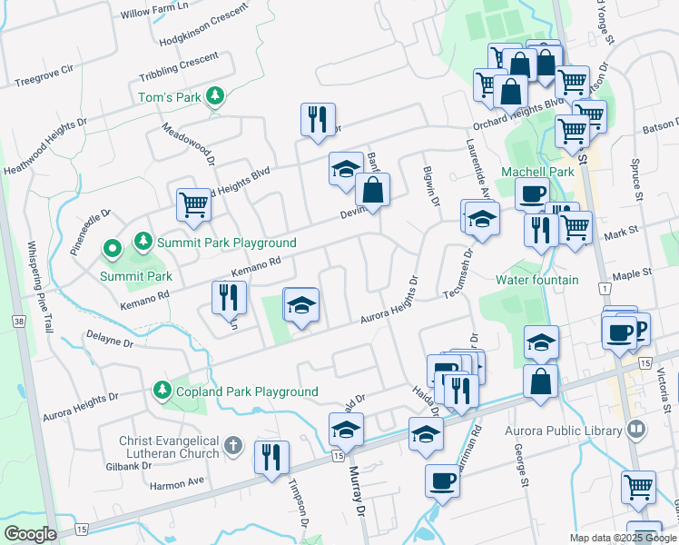 map of restaurants, bars, coffee shops, grocery stores, and more near 19 Foreht Crescent in Aurora