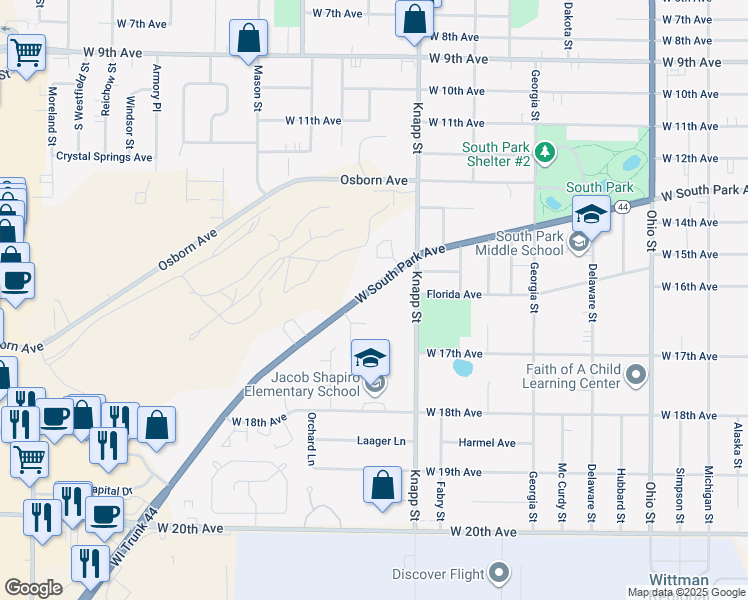 map of restaurants, bars, coffee shops, grocery stores, and more near 1051 West South Park Avenue in Oshkosh