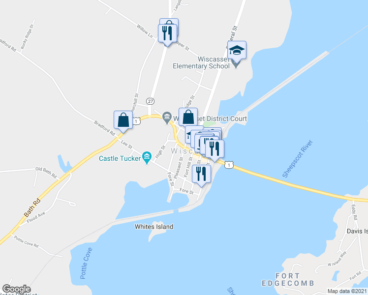 map of restaurants, bars, coffee shops, grocery stores, and more near 176 Main Street in Wiscasset