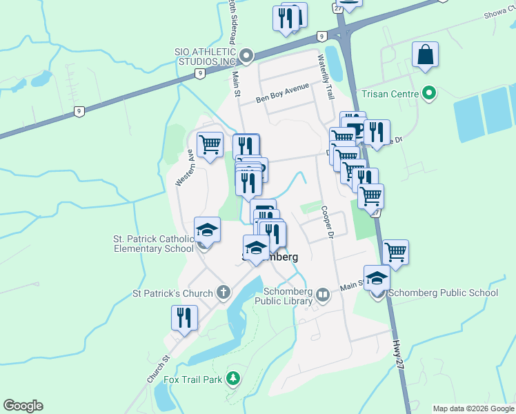 map of restaurants, bars, coffee shops, grocery stores, and more near 272 Main Street in Schomberg