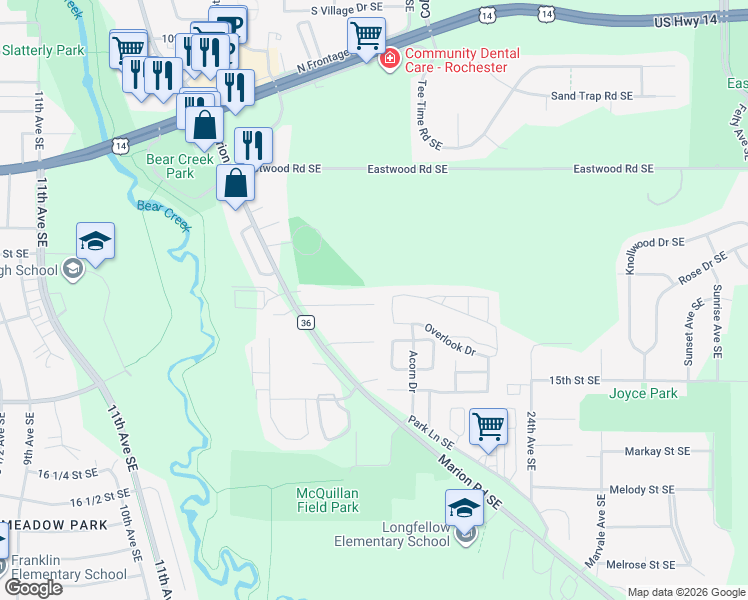 map of restaurants, bars, coffee shops, grocery stores, and more near 2115 14th Street Southeast in Rochester