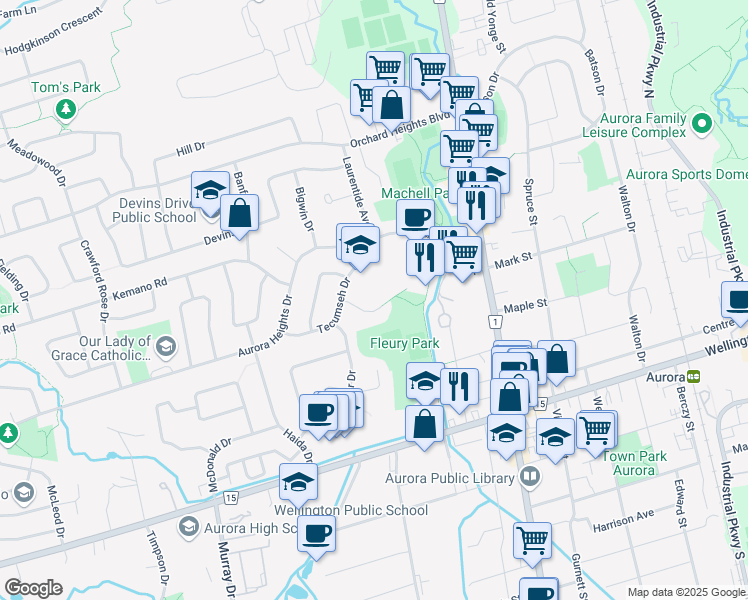 map of restaurants, bars, coffee shops, grocery stores, and more near 14 Huron Court in Aurora
