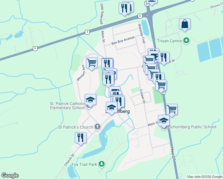 map of restaurants, bars, coffee shops, grocery stores, and more near 284 Main Street in Schomberg