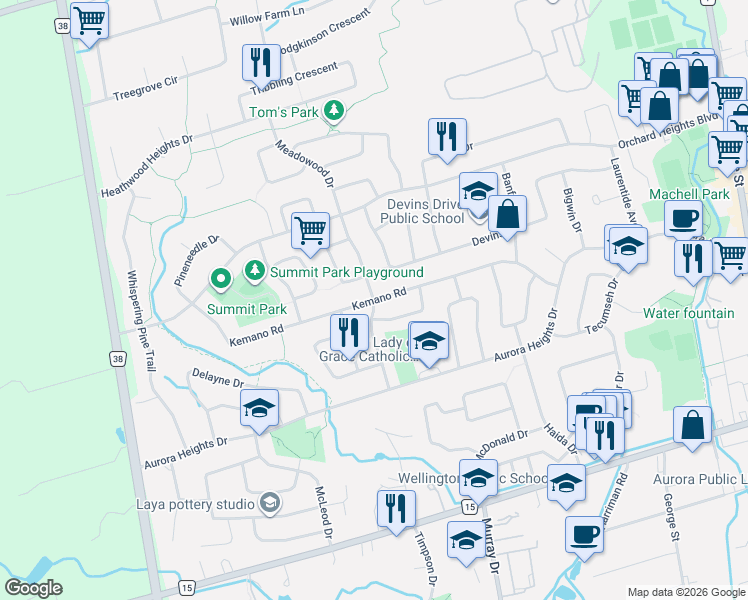 map of restaurants, bars, coffee shops, grocery stores, and more near Kemano Road in Aurora