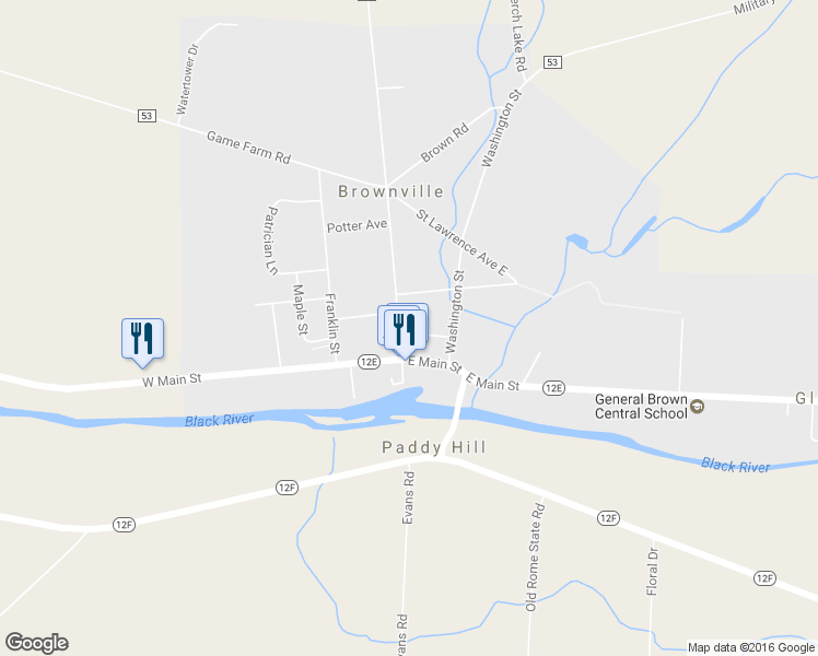 map of restaurants, bars, coffee shops, grocery stores, and more near 114 Brown Boulevard in Watertown