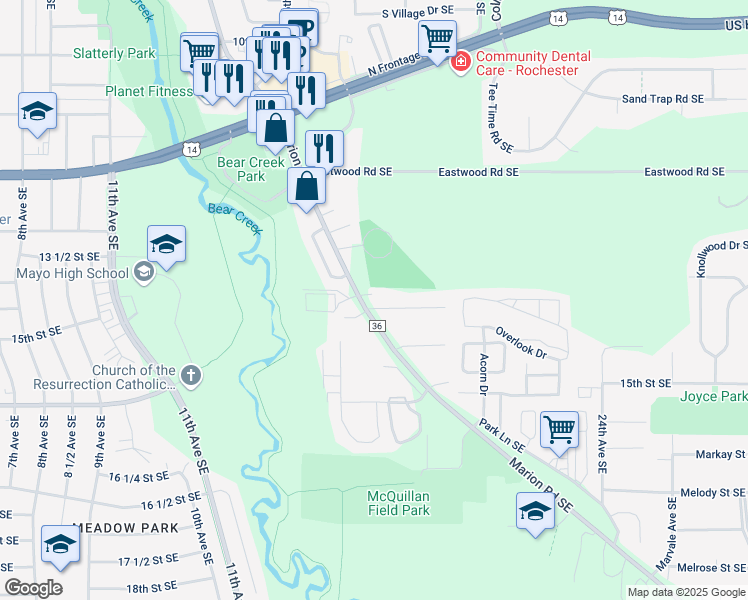 map of restaurants, bars, coffee shops, grocery stores, and more near in Rochester