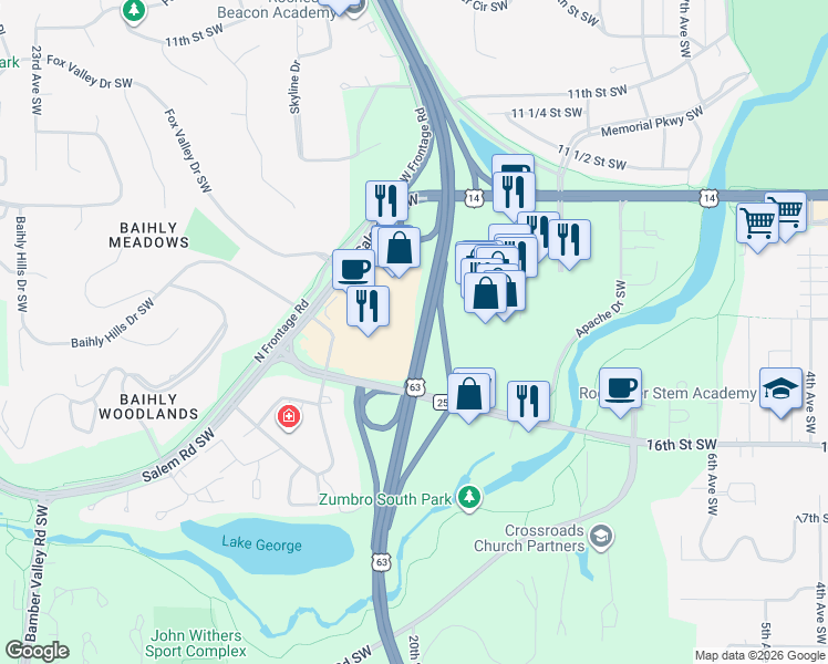 map of restaurants, bars, coffee shops, grocery stores, and more near in Rochester