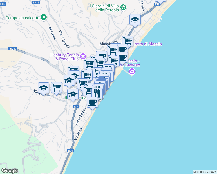 map of restaurants, bars, coffee shops, grocery stores, and more near 18 Passeggiata Enrico Toti in Alassio