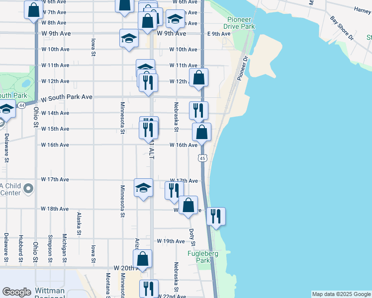 map of restaurants, bars, coffee shops, grocery stores, and more near 1650 Doty Street in Oshkosh