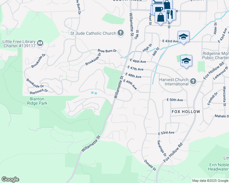 map of restaurants, bars, coffee shops, grocery stores, and more near 19 Rockridge Drive in Eugene