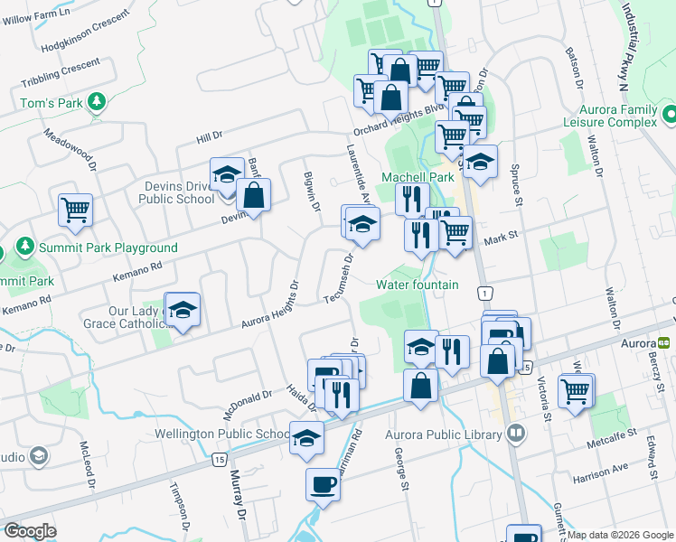 map of restaurants, bars, coffee shops, grocery stores, and more near 69 Jasper Drive in Aurora