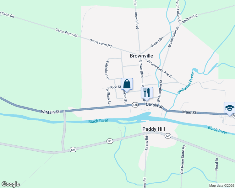 map of restaurants, bars, coffee shops, grocery stores, and more near 110 Maple Street in Watertown