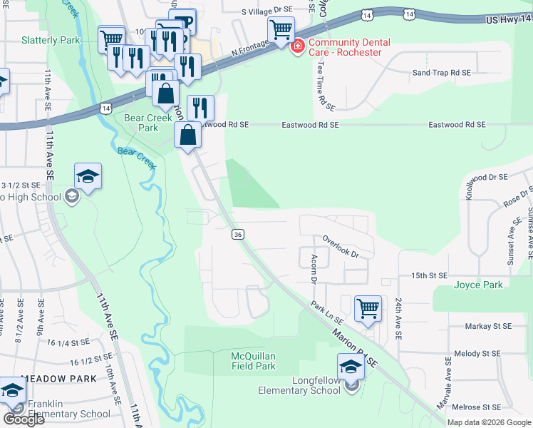 map of restaurants, bars, coffee shops, grocery stores, and more near 2115 14th Street Southeast in Rochester